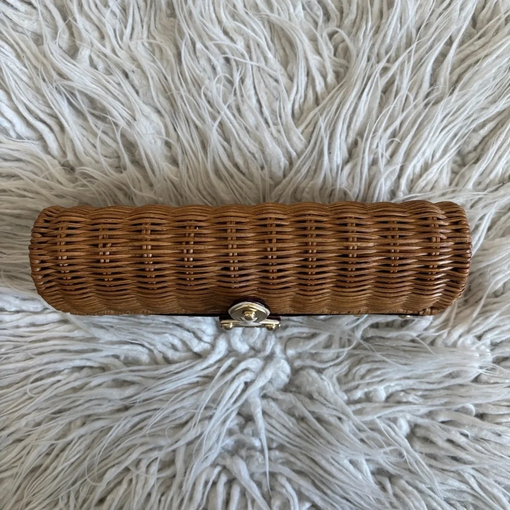Michael Kors Wicker Minaudière Santorini White Leather Gold Studded Straw Clutch